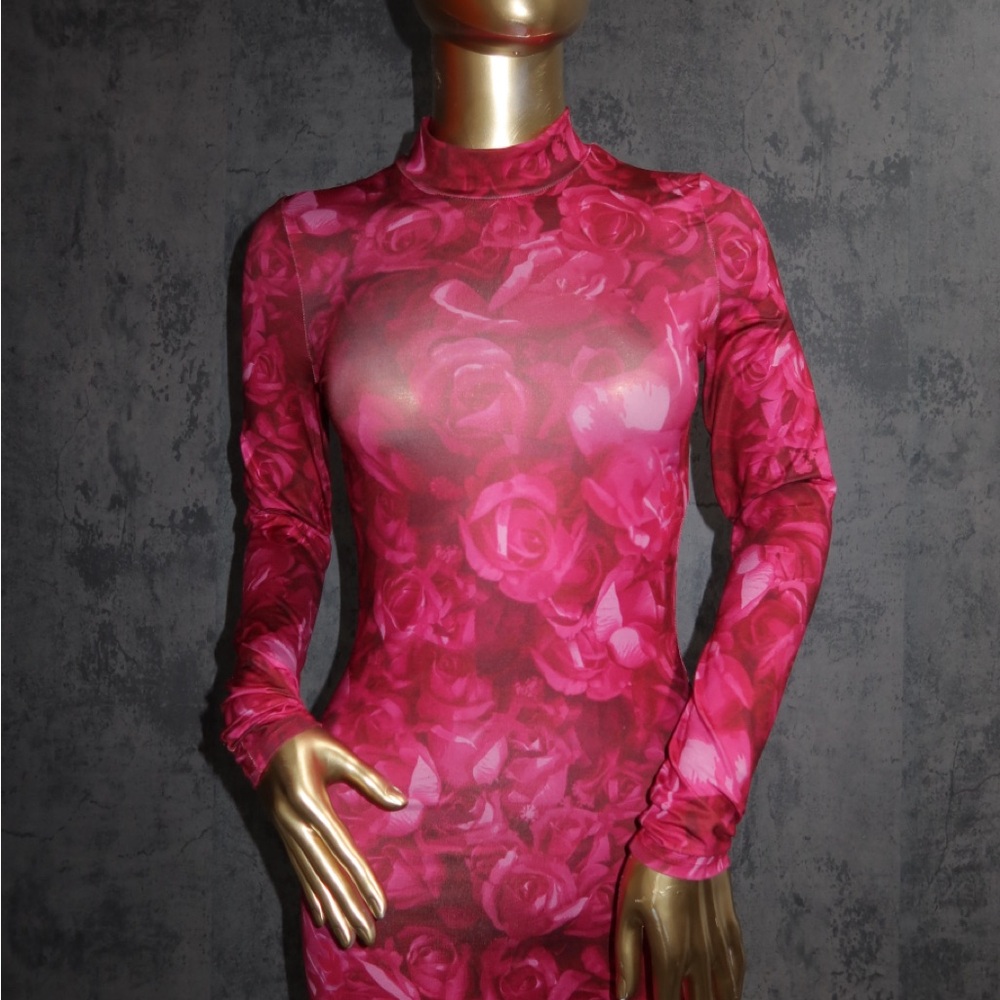 Pink Rose Patterned Long Sleeve Dress